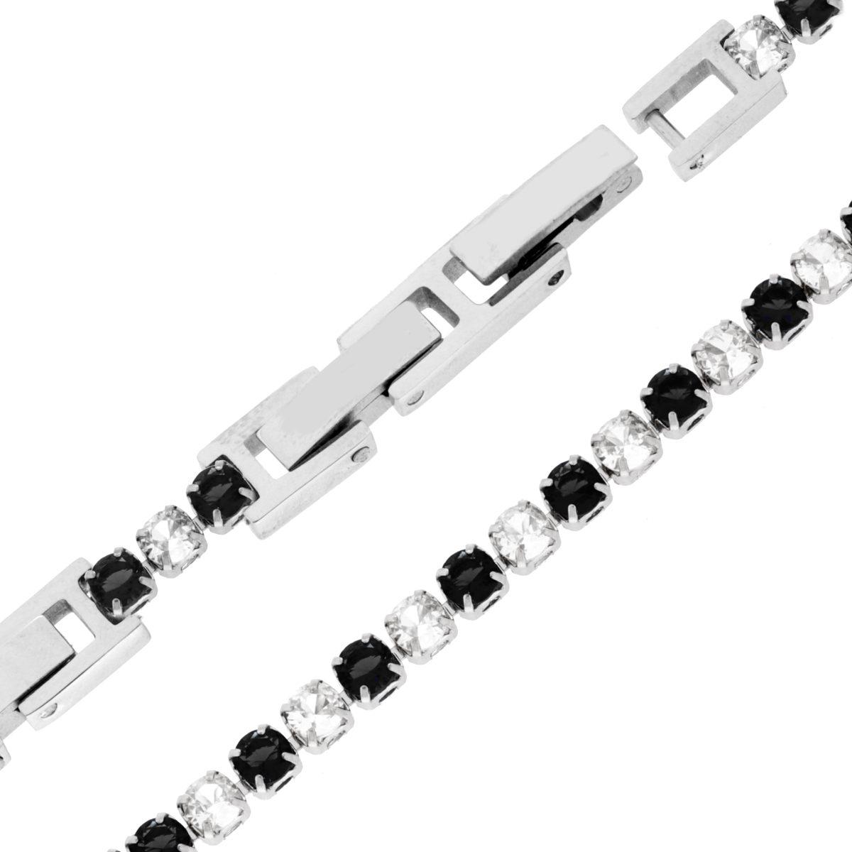 Bracciale Tennis Griffe cm 16.5+4 con Crystal mm 3 alternati Neri e Bianchi regolabile in ACCIAIO