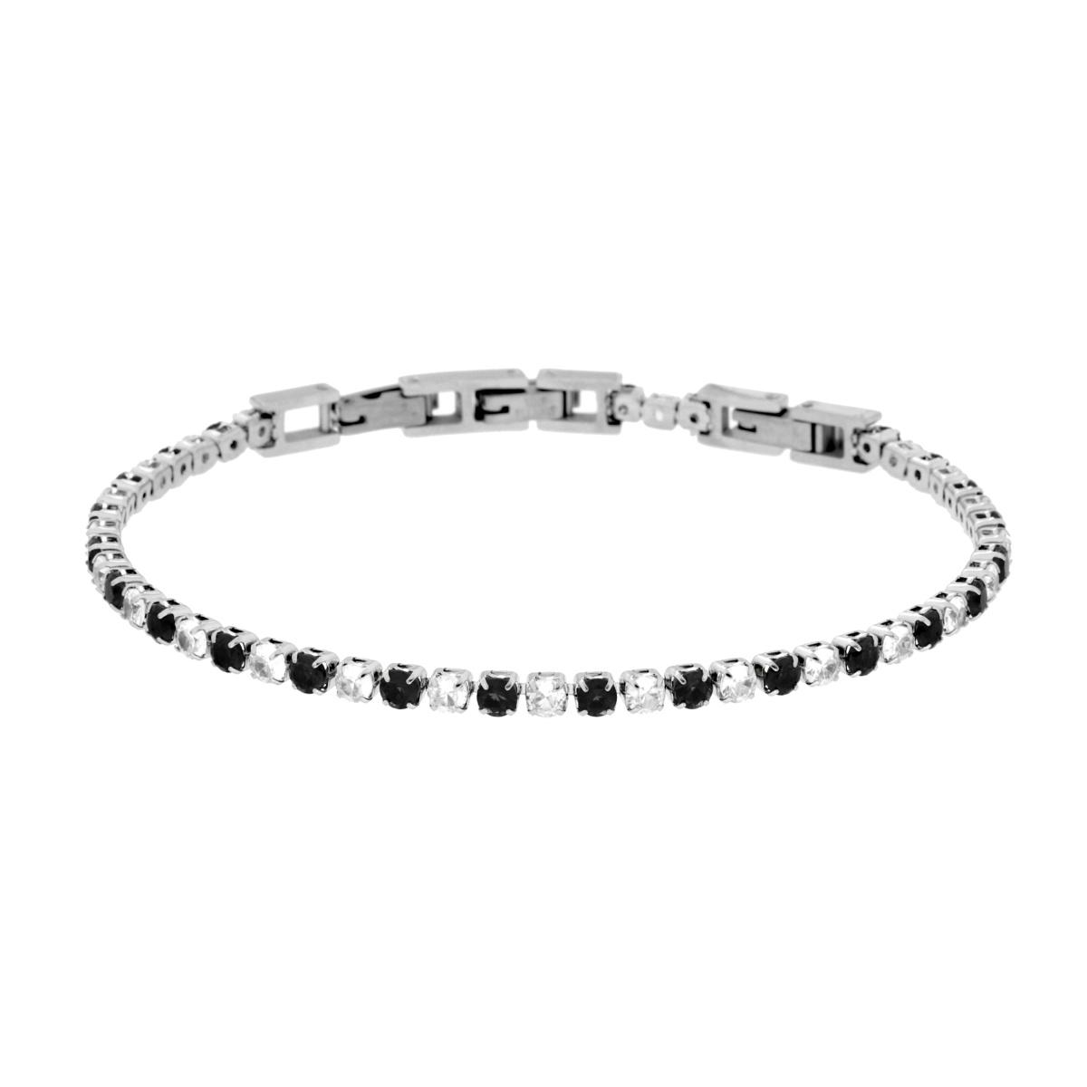 Bracciale Tennis Griffe cm 16.5+4 con Crystal mm 3 alternati Neri e Bianchi regolabile in ACCIAIO