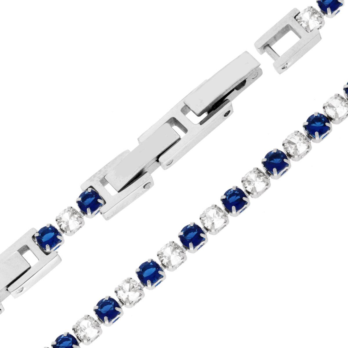 Bracciale Tennis Griffe cm 16.5+4 con Crystal mm 3 alternati Blu Zaffiro e Bianchi regolabile in ACCIAIO