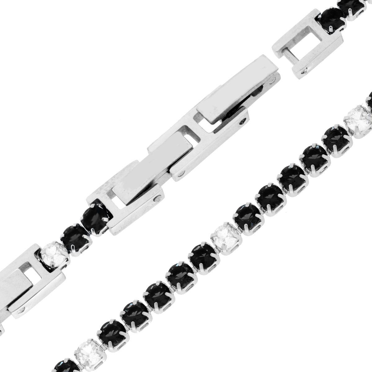 Bracciale Tennis Griffe cm 16.5+4 con Crystal mm 3 alternati Neri e Bianchi regolabile in ACCIAIO