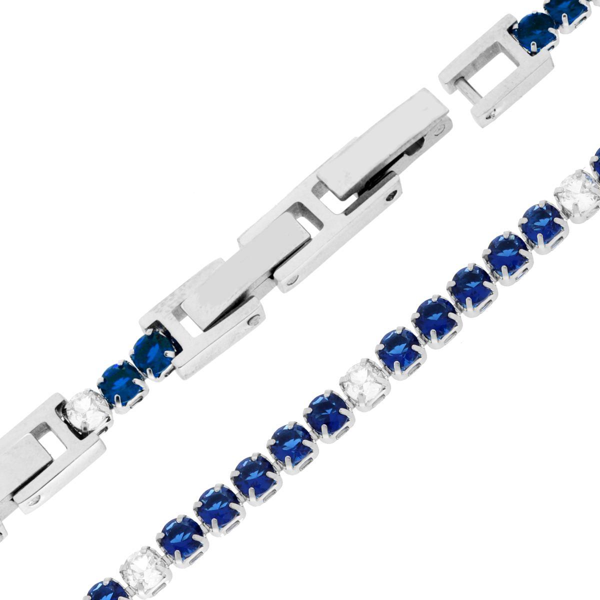 Bracciale Tennis Griffe cm 16.5+4 con Crystal mm 3 alternati Blu Zaffiro e Bianchi regolabile in ACCIAIO