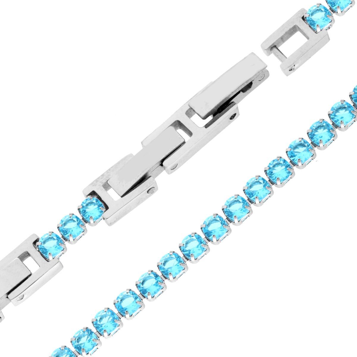Bracciale Tennis Griffe cm 16.5+4 con Crystal mm 3 Acquamarina regolabile in ACCIAIO