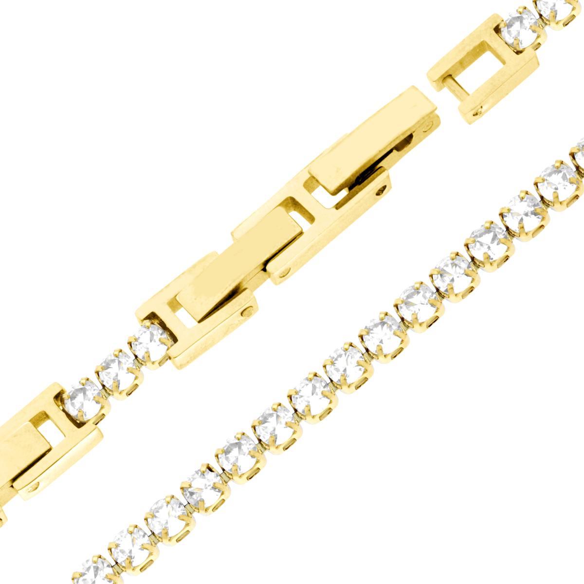 Bracciale Tennis Griffe cm 16.5+4 con Crystal mm 3 Bianchi regolabile in ACCIAIO\n colore Oro