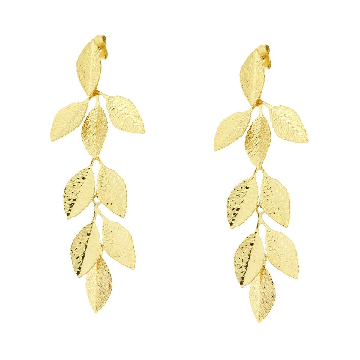 Orecchini Lunghi con Foglie pendenti con Venature Martellate in ACCIAIO colore Oro