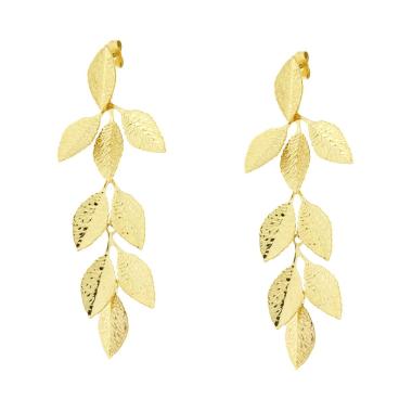 Orecchini Lunghi con Foglie pendenti con Venature Martellate in ACCIAIO colore Oro