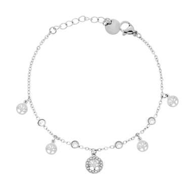 Bracciale Catena Forzatina Diamantata con Albero della Vita pendenti e Crystal Bianchi in ACCIAIO
