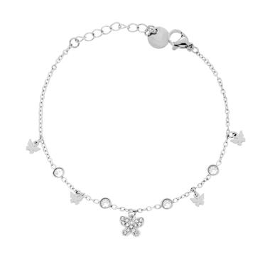 Bracciale Catena Forzatina Diamantata con Farfalle pendenti e Crystal Bianchi in ACCIAIO