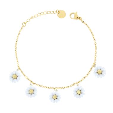 Bracciale Catena Forzatina Diamantata con Fiori Smalto Bianco in ACCIAIO colore Oro