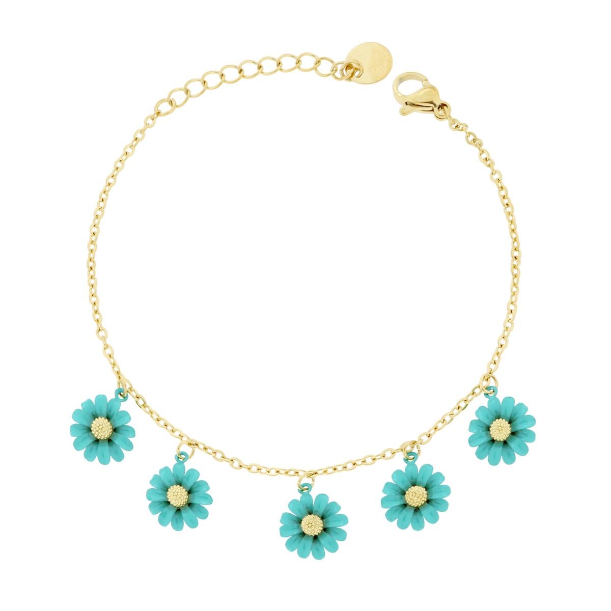 Bracciale Catena Forzatina Diamantata con Fiori Smalto Turchese in ACCIAIO colore Oro