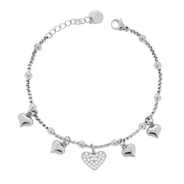 Bracciale Catena Veneziana Charms Cuori pendenti con Crystal Bianchi in ACCIAIO