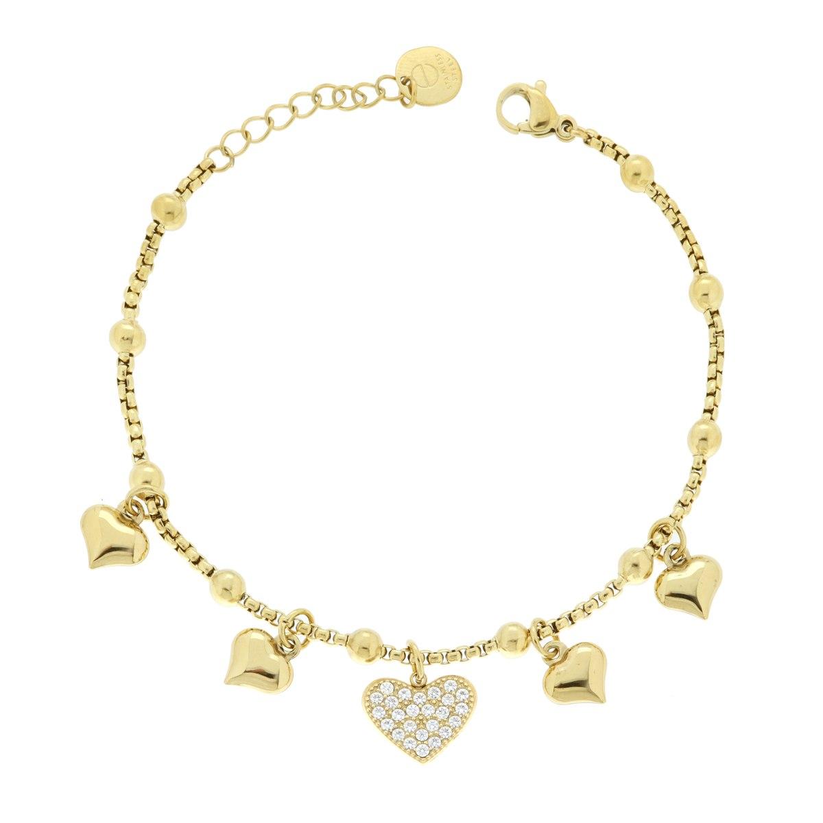 Bracciale Catena Veneziana Charms Cuori pendenti con Crystal Bianchi in ACCIAIO colore Oro