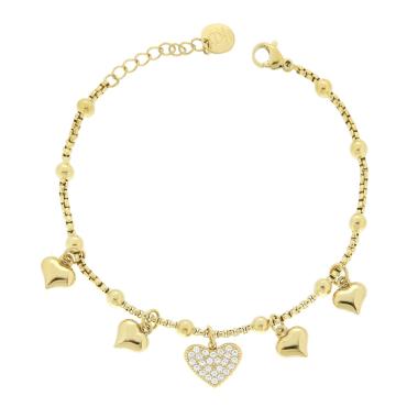 Bracciale Catena Veneziana Charms Cuori pendenti con Crystal Bianchi in ACCIAIO colore Oro