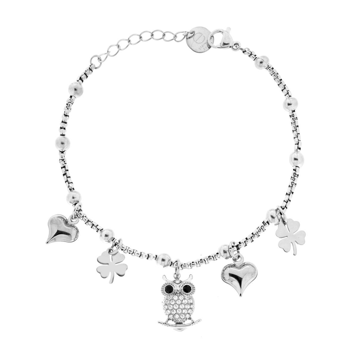 Bracciale Catena Veneziana con Charms Portafortuna pendenti con Crystal Bianchi in ACCIAIO