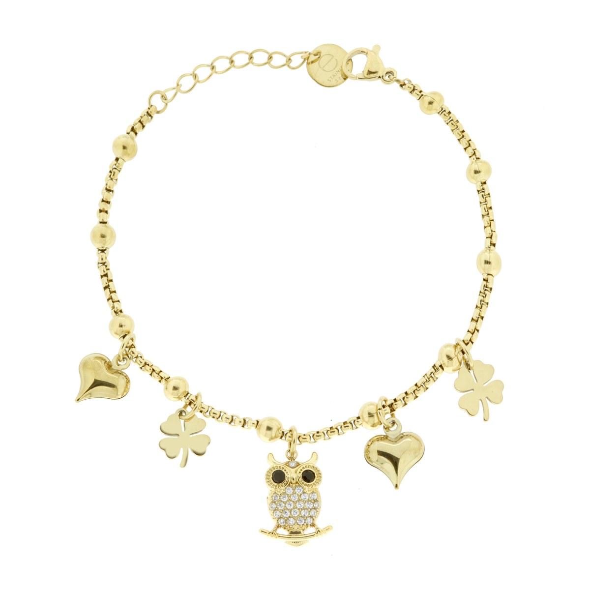 Bracciale Catena Veneziana con Charms Portafortuna pendenti con Crystal Bianchi in ACCIAIO colore Oro