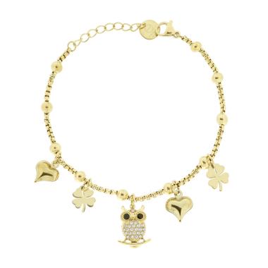 Bracciale Catena Veneziana con Charms Portafortuna pendenti con Crystal Bianchi in ACCIAIO colore Oro