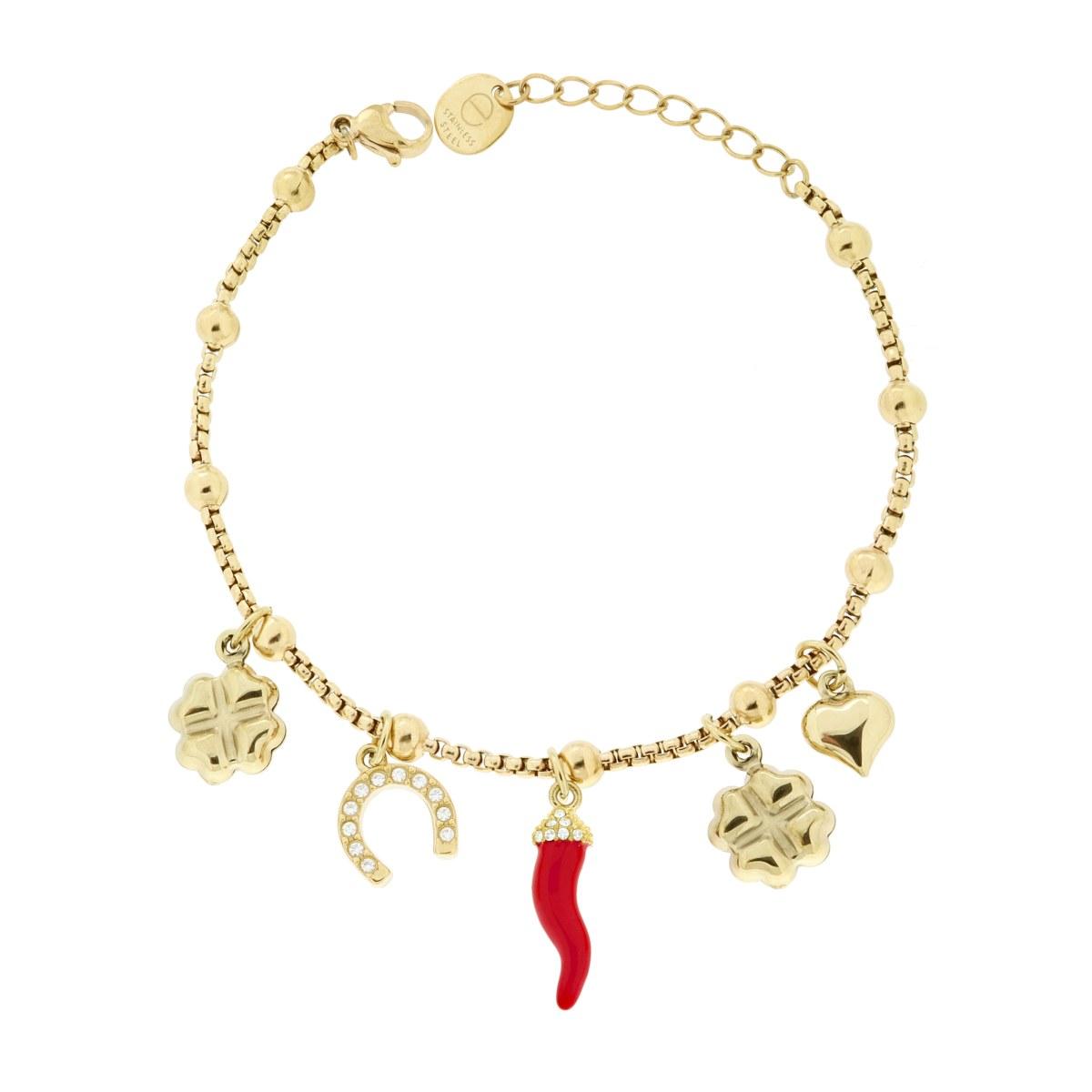 Bracciale Catena Veneziana Charms Portafortuna pendenti con Crystal Bianchi e Smalto Rosso in ACCIAIO colore Oro