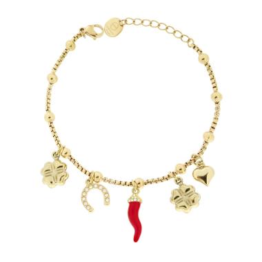 Bracciale Catena Veneziana Charms Portafortuna pendenti con Crystal Bianchi e Smalto Rosso in ACCIAIO colore Oro