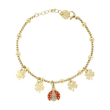 Bracciale Catena Veneziana Quadrifogli e Coccinella pendenti con Crystal Bianchi e Smalto Rosso in ACCIAIO colore Oro
