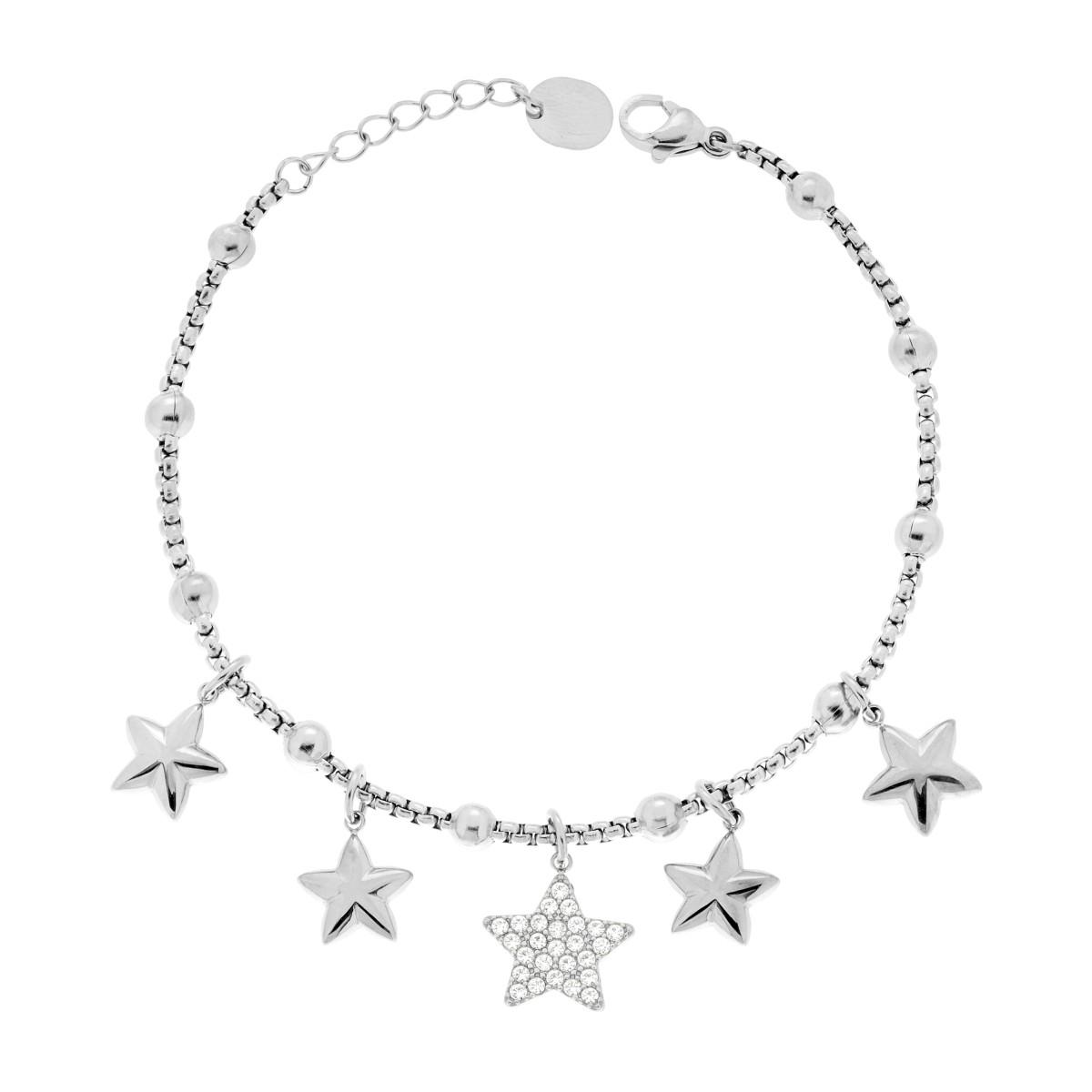 Bracciale Catena Veneziana Charms Stelle pendenti con Crystal Bianchi in ACCIAIO