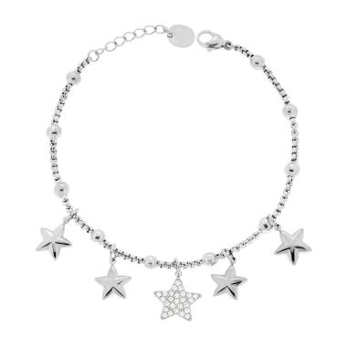 Bracciale Catena Veneziana Charms Stelle pendenti con Crystal Bianchi in ACCIAIO