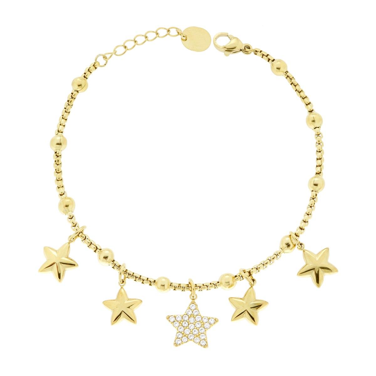 Bracciale Catena Veneziana Charms Stelle pendenti con Crystal Bianchi in ACCIAIO colore Oro