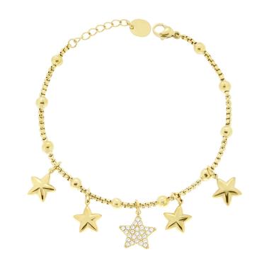Bracciale Catena Veneziana Charms Stelle pendenti con Crystal Bianchi in ACCIAIO colore Oro