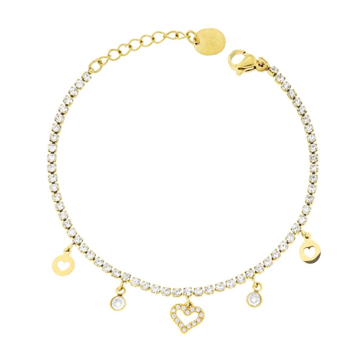 Bracciale Tennis con Cuori pendenti e Crystal Bianchi in ACCIAIO colore Oro