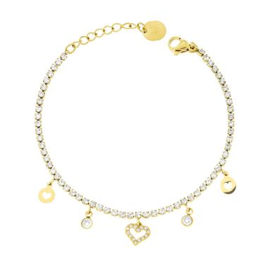 Bracciale Tennis con Cuori pendenti e Crystal Bianchi in ACCIAIO colore Oro