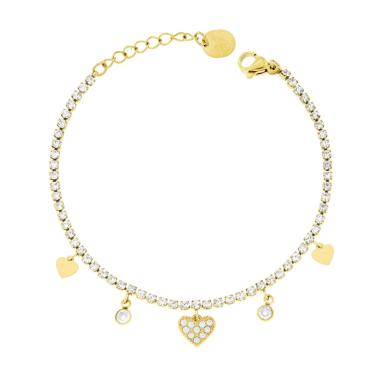 Bracciale Tennis con Cuori pendenti e Crystal Bianchi in ACCIAIO colore Oro