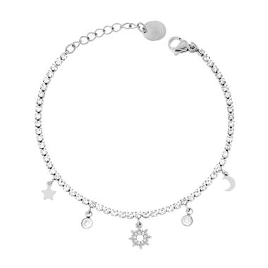 Bracciale Tennis con Sole Luna Stella pendenti e Crystal Bianchi in ACCIAIO