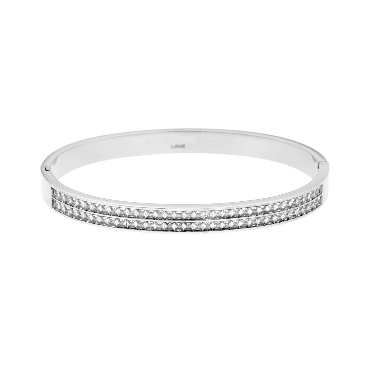 Bracciale Rigido modello Schiava con due file di Crystal Carre Bianchi in ACCIAIO