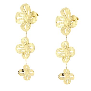 Orecchini Lunghi con Fiori Degradè pendenti con Lavorazione Martellata in ACCIAIO colore Oro