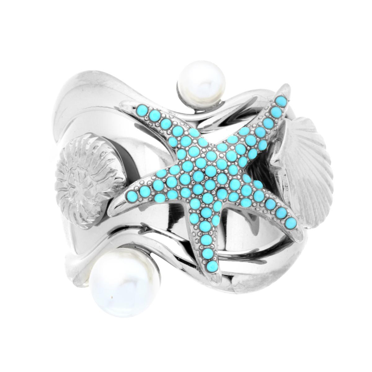 Anello Fascia con soggetti Mare Crystal Turchese e Perle Bianche in ACCIAIO