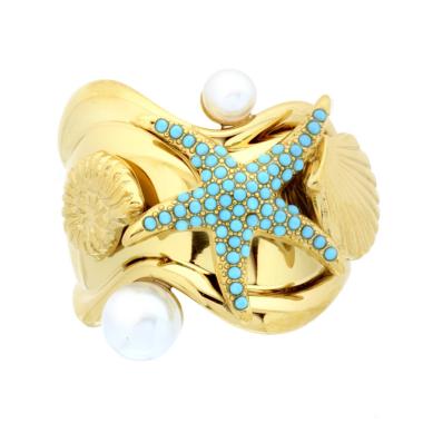 Anello Fascia con soggetti Mare Crystal Turchese e Perle Bianche in ACCIAIO colore Oro
