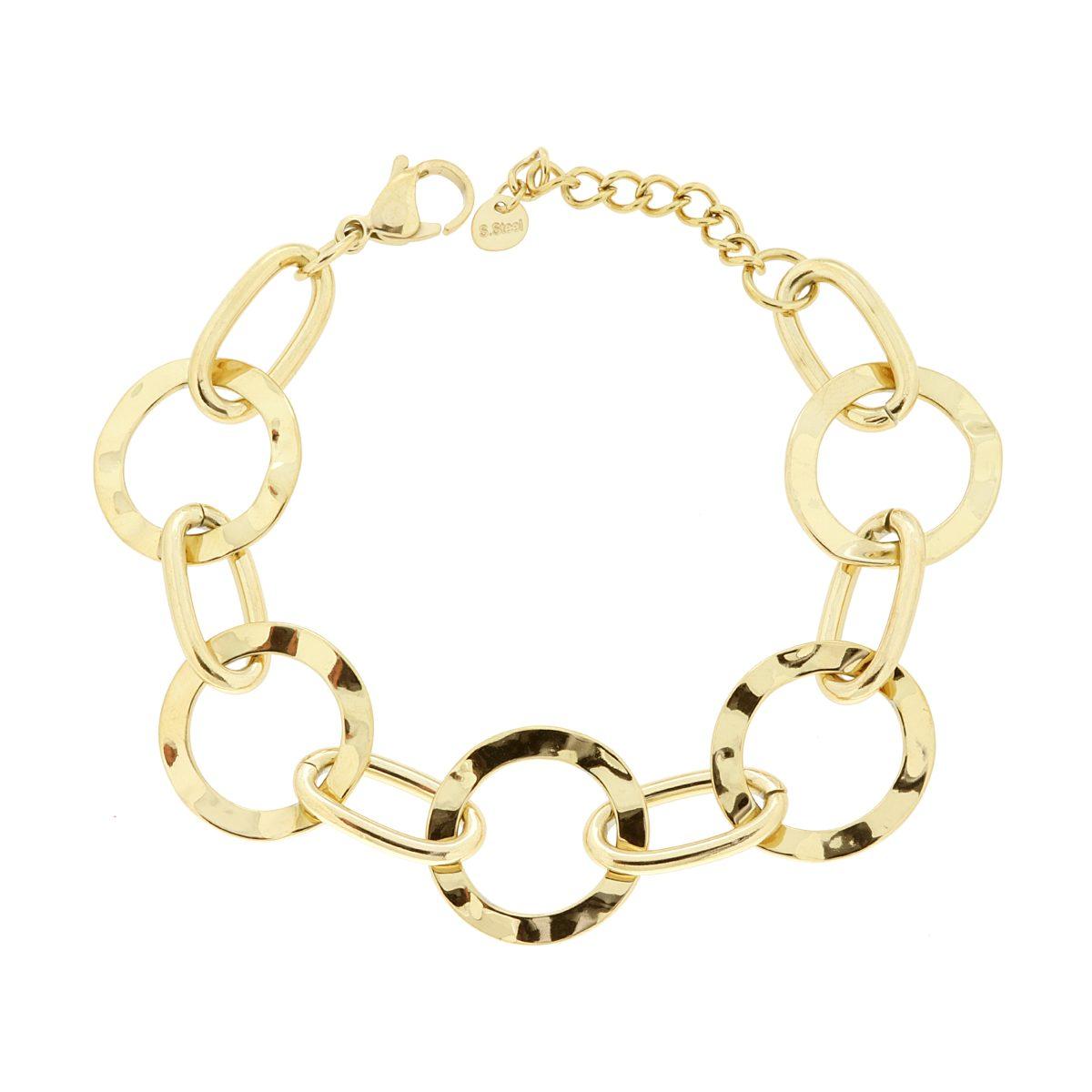 Bracciale Catena con Piastre tonde Irregolari Martellate in ACCIAIO colore Oro