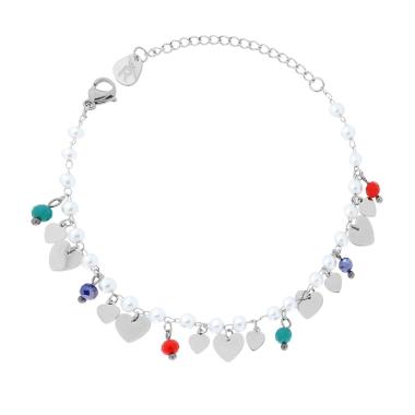 Bracciale Catena con Perle Crystal Multicolor e Cuori pendenti in ACCIAIO