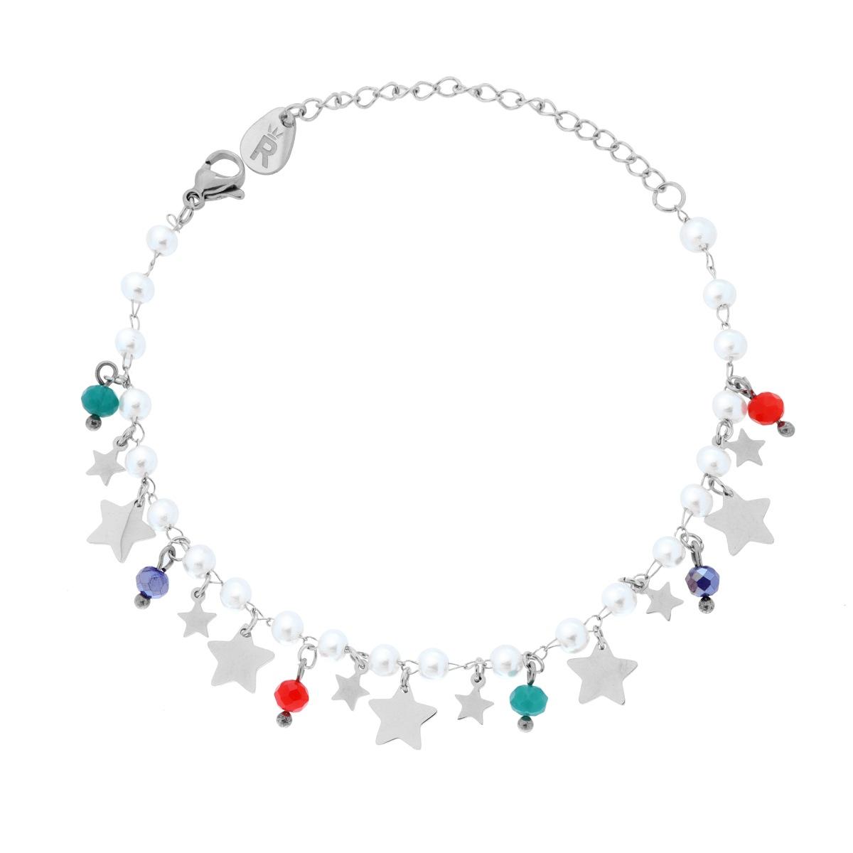 Bracciale Catena con Perle Crystal Multicolor e Stelle pendenti in ACCIAIO