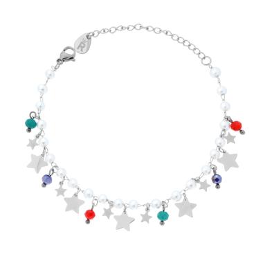 Bracciale Catena con Perle Crystal Multicolor e Stelle pendenti in ACCIAIO