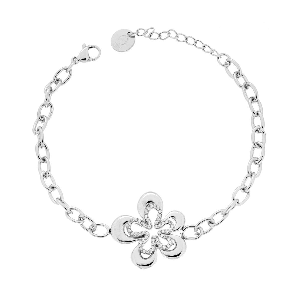 Bracciale Catena Forzatina con Fiore centrale e Crystal Bianchi in ACCIAIO