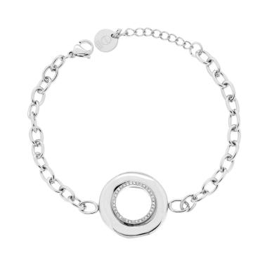 Bracciale Catena Forzatina con Tondo centrale e Crystal Bianchi in ACCIAIO