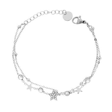 Bracciale due fili Catena Forzatina Diamantata con Stelle e Crystal Bianchi in ACCIAIO