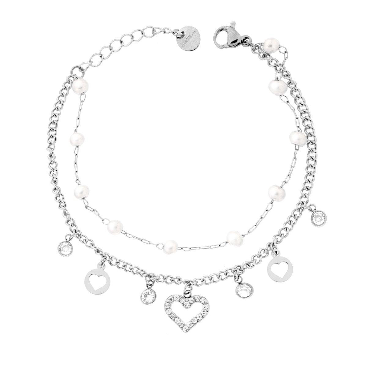 Bracciale due fili Catena Forzatina e Grumetta con Cuori pendenti Crystal Bianchi e Perle in ACCIAIO