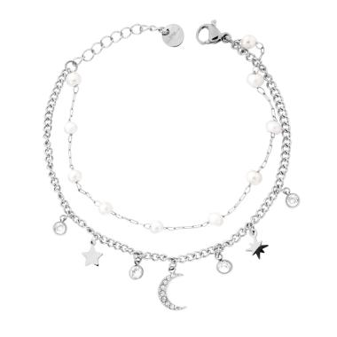 Bracciale due fili Catena Forzatina e Grumetta con Luna e Stelle pendenti Crystal Bianchi e Perle in ACCIAIO