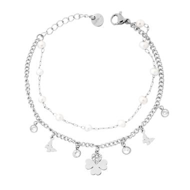 Bracciale due fili Catena Forzatina e Grumetta con Quadrifoglio e Farfalle pendenti Crystal Bianchi e Perle in ACCIAIO