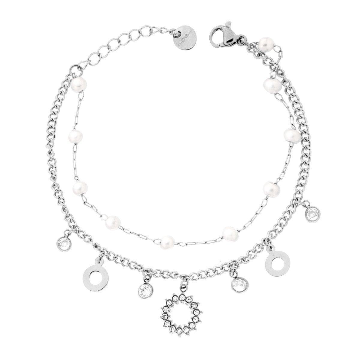 Bracciale due fili Catena Forzatina e Grumetta con Tondi pendenti Crystal Bianchi e Perle in ACCIAIO