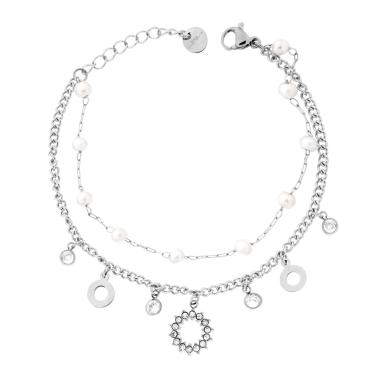Bracciale due fili Catena Forzatina e Grumetta con Tondi pendenti Crystal Bianchi e Perle in ACCIAIO