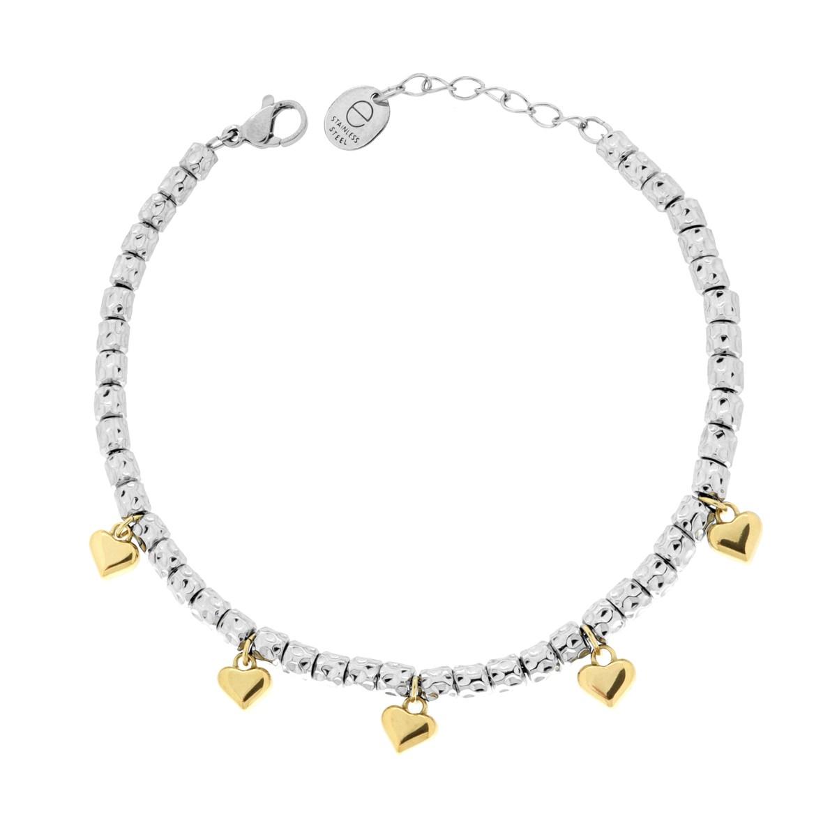 Bracciale Catena con Cilindri Martellati e Cuori Bombati colore Oro in ACCIAIO