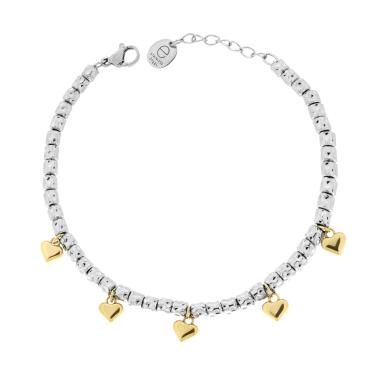 Bracciale Catena con Cilindri Martellati e Cuori Bombati colore Oro in ACCIAIO