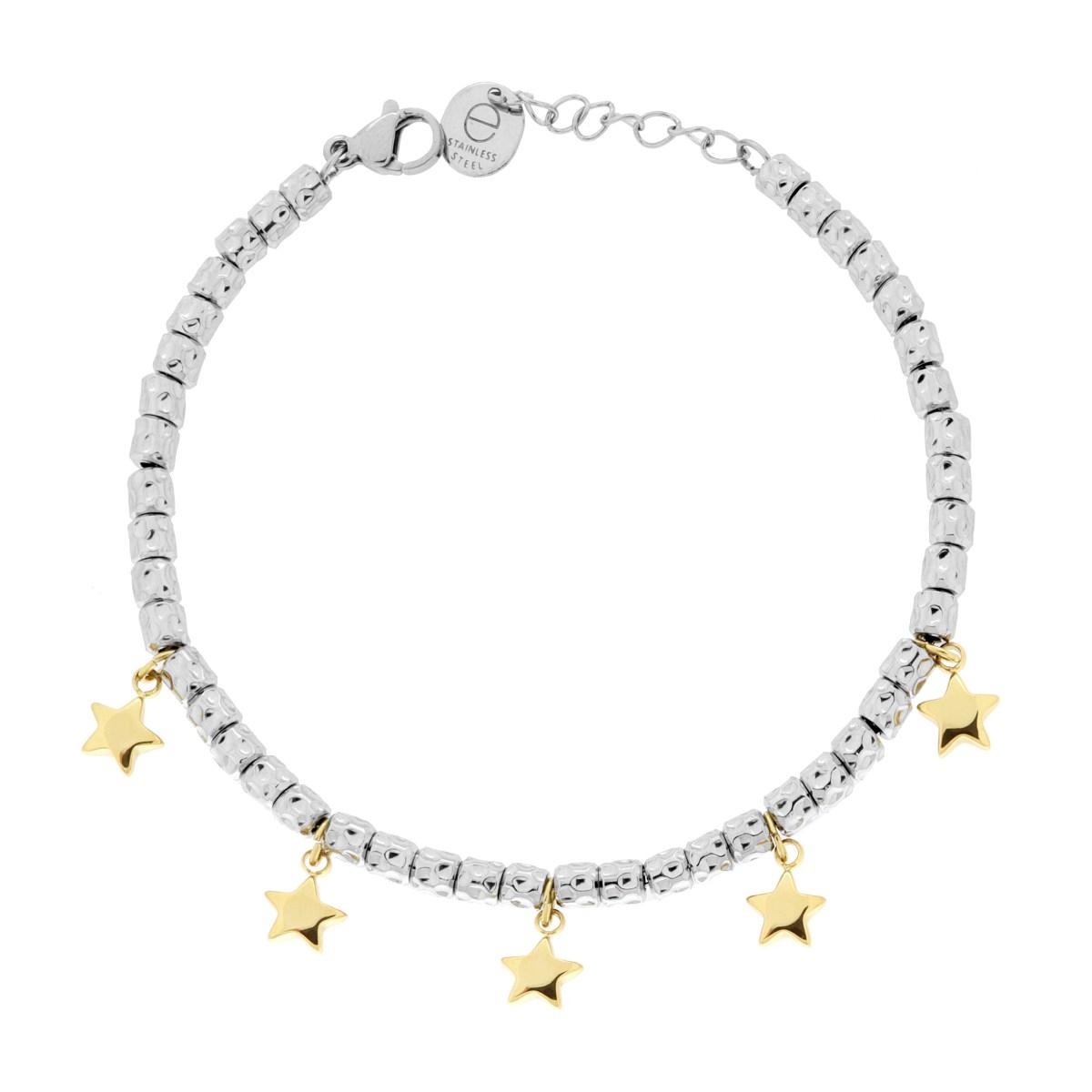 Bracciale Catena con Cilindri Martellati e Stelle Bombati colore Oro in ACCIAIO