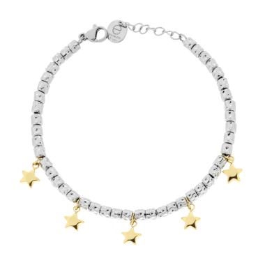 Bracciale Catena con Cilindri Martellati e Stelle Bombati colore Oro in ACCIAIO